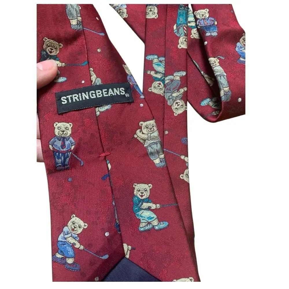 vintage String beans golf teddy bear Playful Red Tie with Bear Print sporty polo